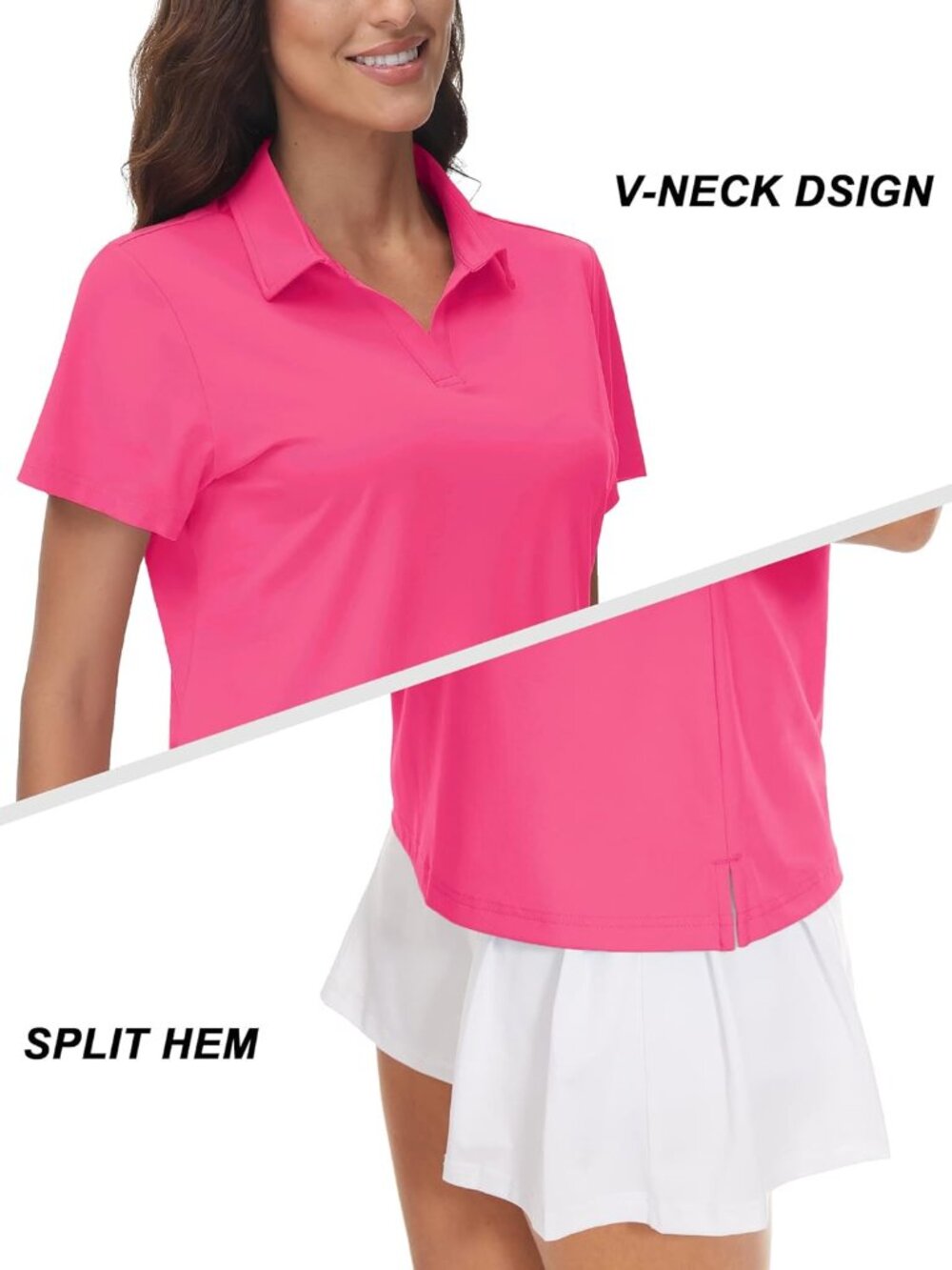Women's 04-rose Red V-Neck Polo Shirts UPF50+ Short Sleeve Golf Collared Tops - Picture 4 of 6